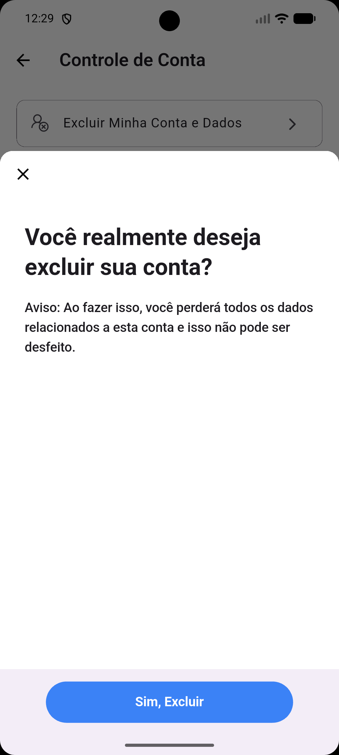 Tela do app LangMind com opção para excluir conta e dados